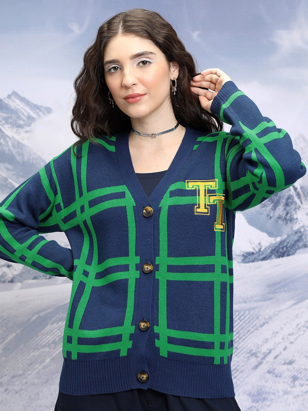 

Tokyo Talkies Checked V-Neck Cardigan, Navy blue