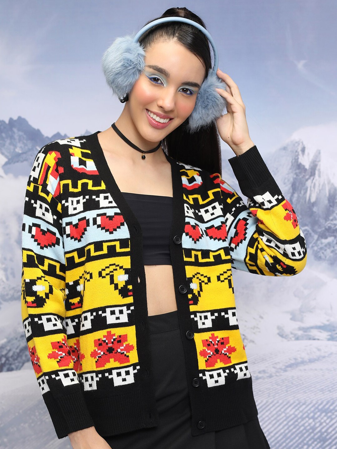 

Tokyo Talkies Black Graphic Printed V-Neck Long Sleeves Acrylic Cardigan Sweater