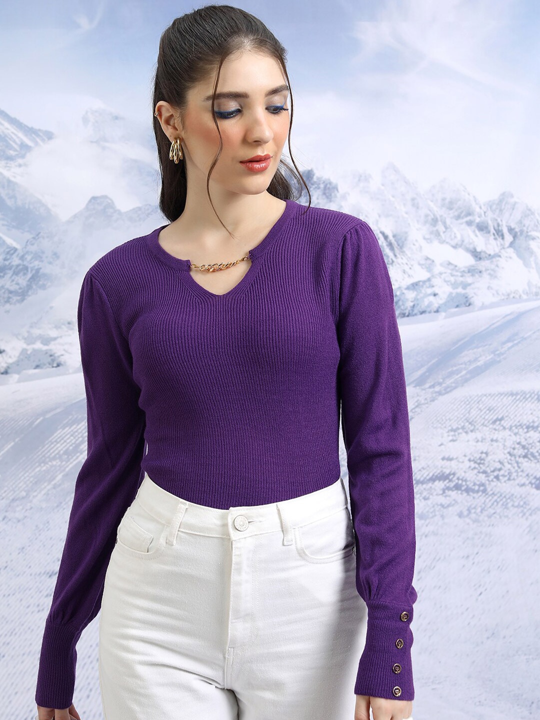 

Tokyo Talkies Ribbed V-Neck Slim Fit Acrylic Pullover Sweater, Purple