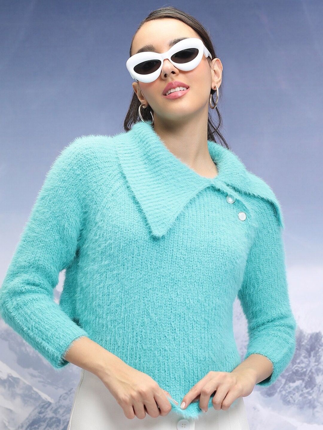 

Tokyo Talkies Blue Above Keyboard Collar Acrylic Crop Pullover Sweater, Turquoise blue
