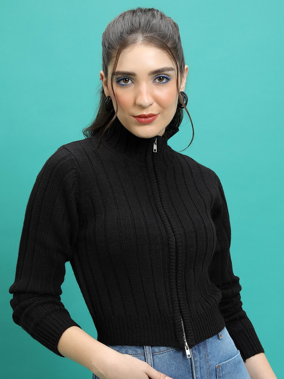 

Basics By Tokyo Talkies Ribbed Slim Fit High Neck Crop Acrylic Cardigan Sweater, Black