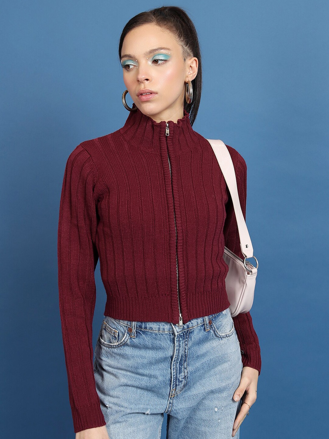 

Tokyo Talkies Maroon Ribbed Acrylic Front-Open Crop Sweater