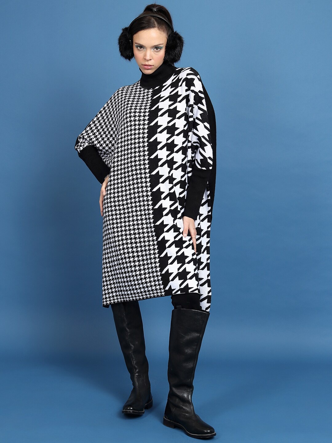 

Tokyo Talkies Houndstooth Printed Turtle Neck Longline Acrylic Pullover Sweater, Black