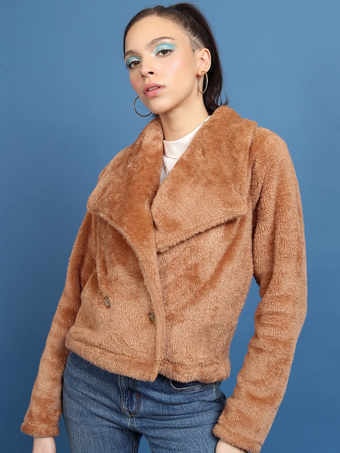 

Tokyo Talkies Brown Lapel Collar Open Front Jacket With Faur Fux Trim Detail