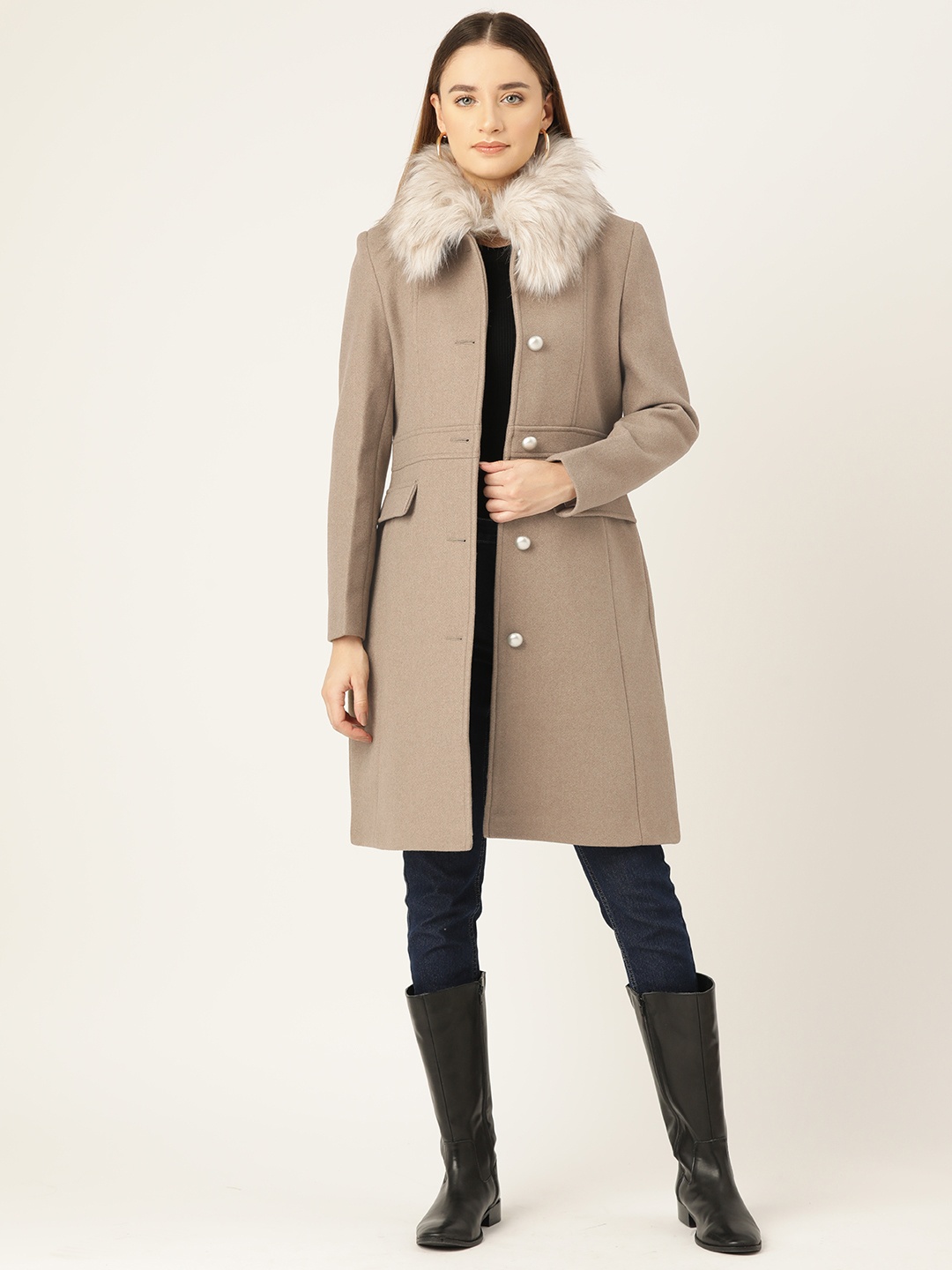 

Okane Single-breasted Overcoat With Deatchable Faux-Fur Collar, Brown