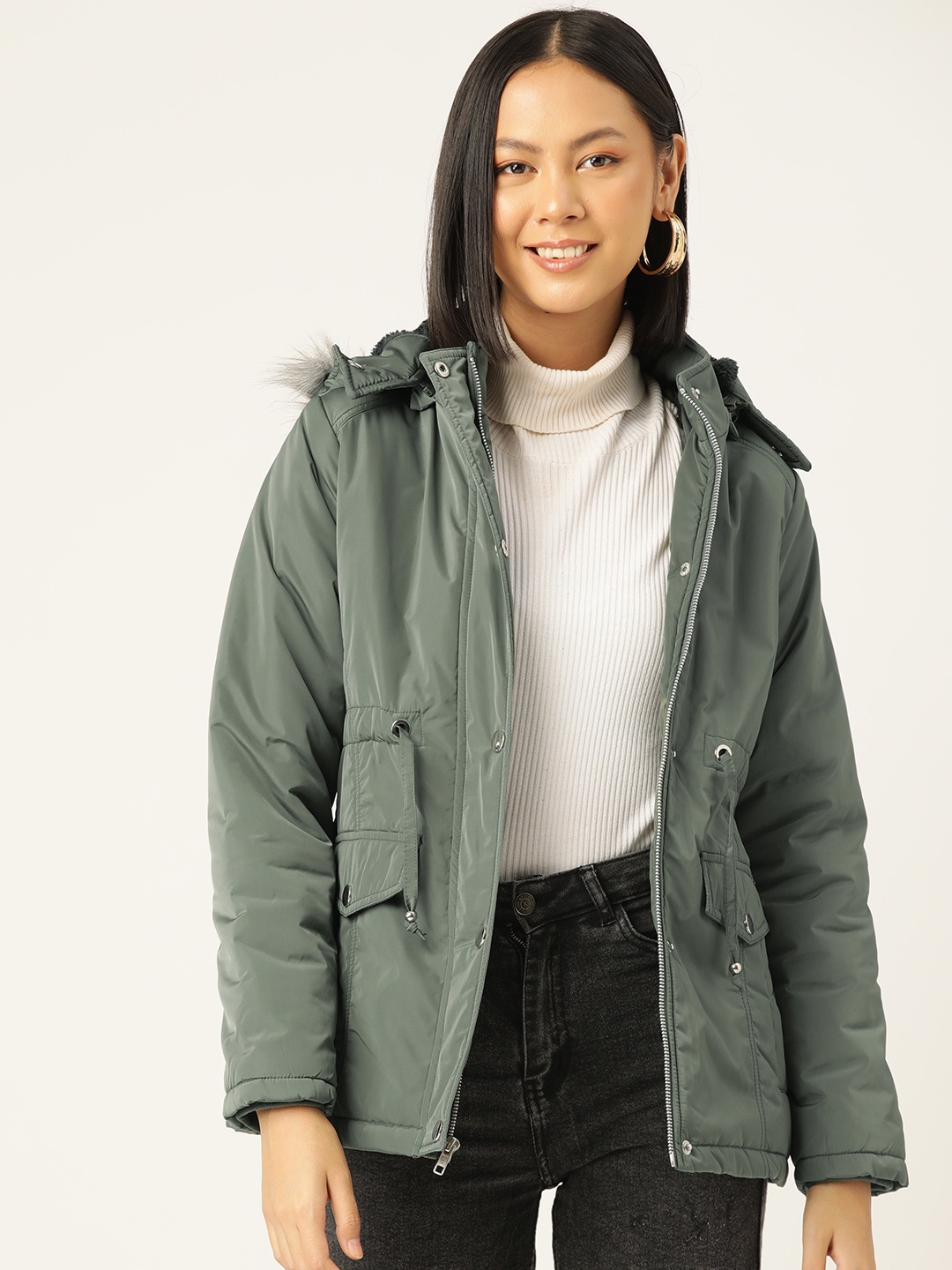 

Okane Women Parka Jacket with Detachable Hood, Olive