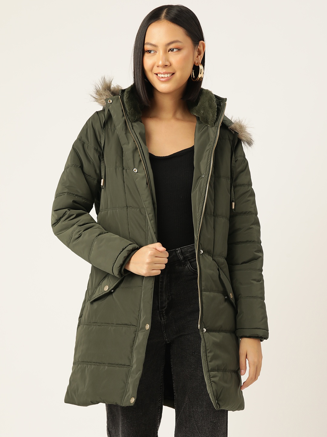 

Okane Women Longline Parka Jacket with Detachable Hood, Olive