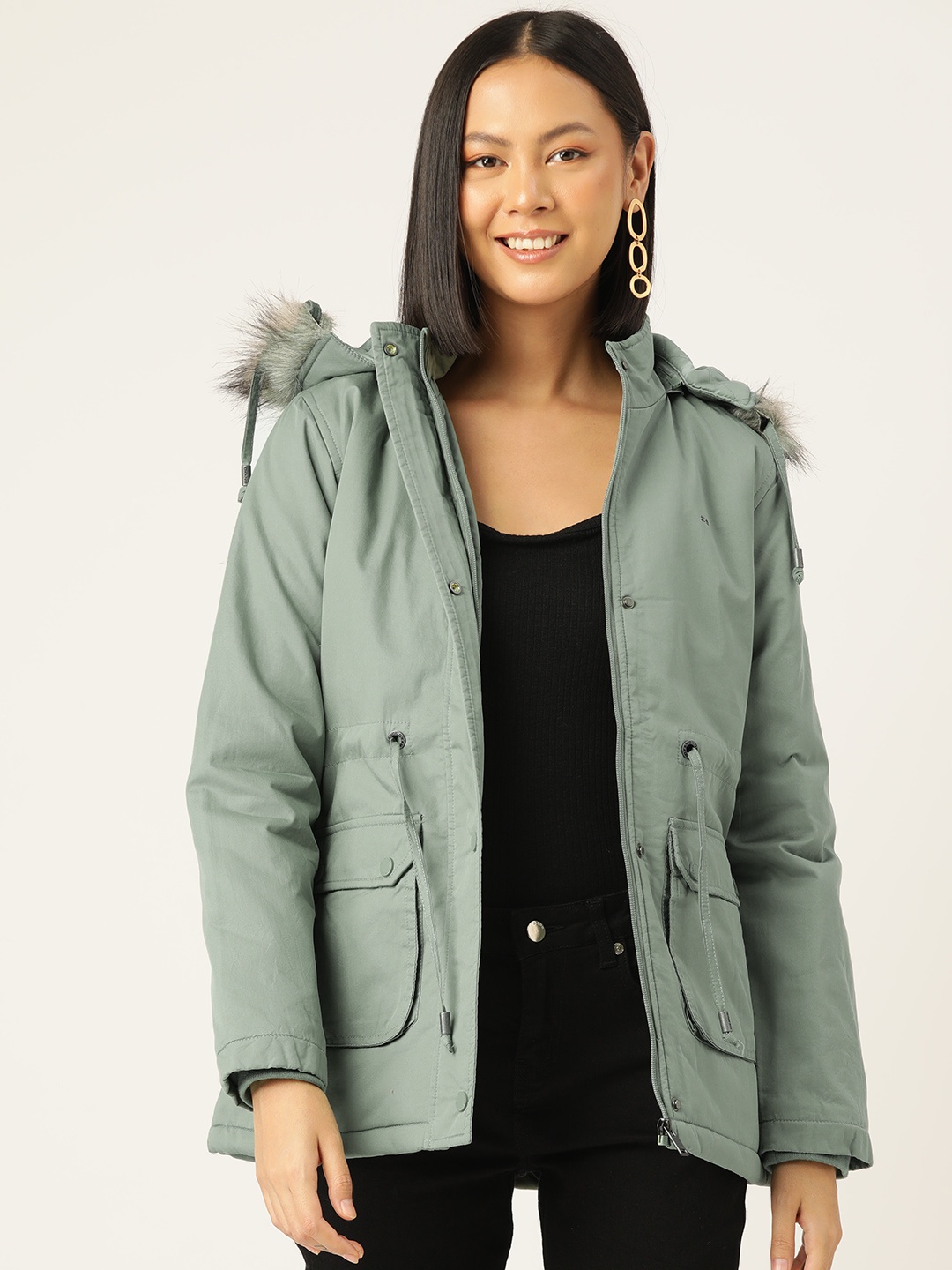 

Okane Waist Tie-Ups Oversized Flap Pockets Detailed Detachable Hood Longline Padded Jacket, Green