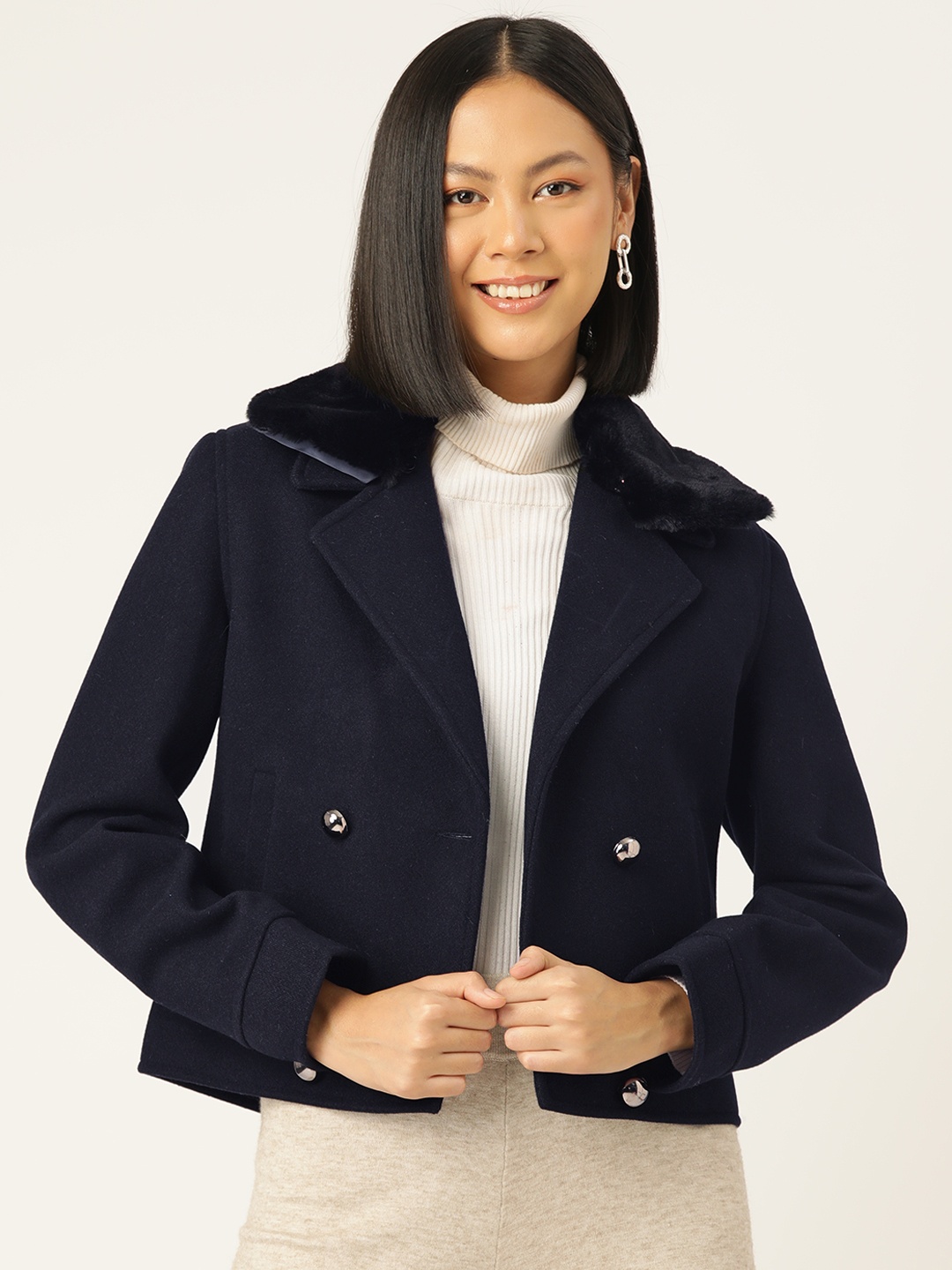 

Okane Single Breasted Notched Lapel Collar Peacoat, Navy blue