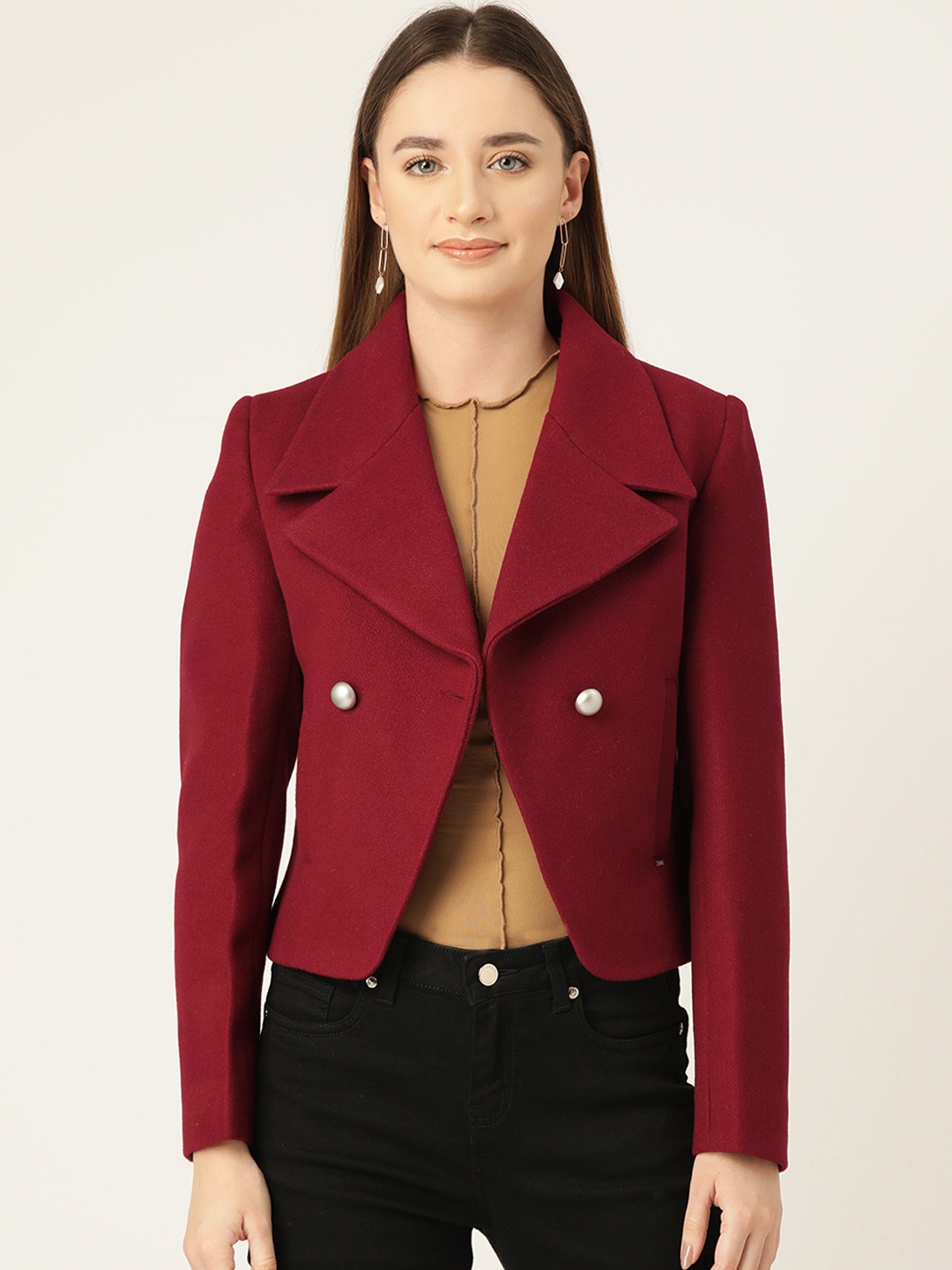 

Okane Notched Lapel Collar Single-Breasted Coat, Maroon