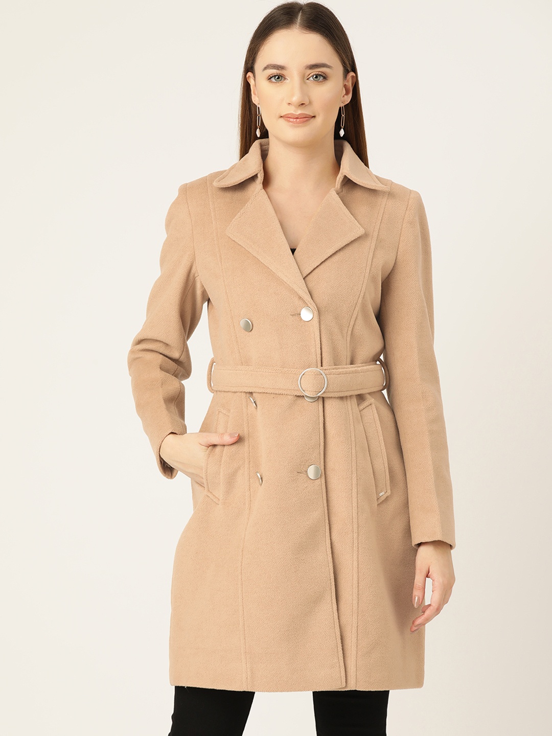 

Okane Notched Lapel Collar Double-Breasted Belted Longline Over Coat, Brown