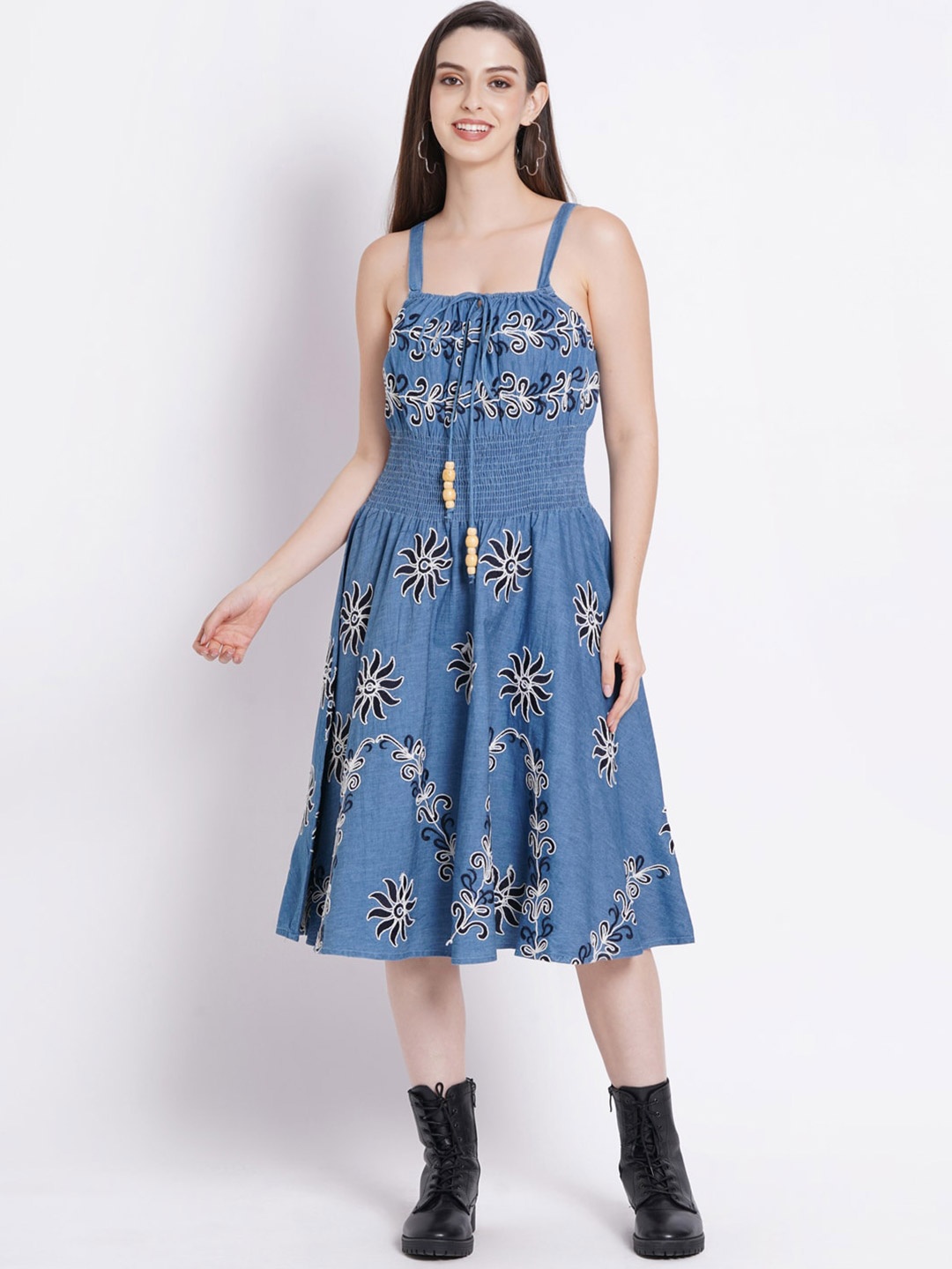 

SUMAVI-FASHION Floral Printed Smocked Shoulder Straps Organic Cotton Fit & Flare Dress, Blue