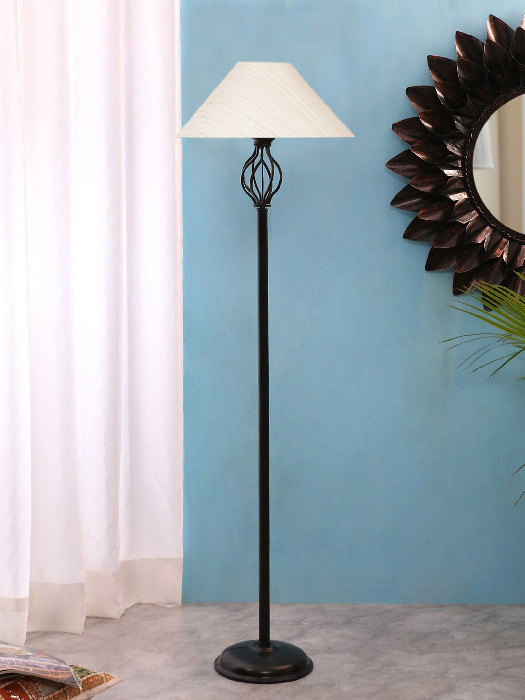 

Devansh Off-White & Black Cotton Shade Iron Basket Floor Lamp