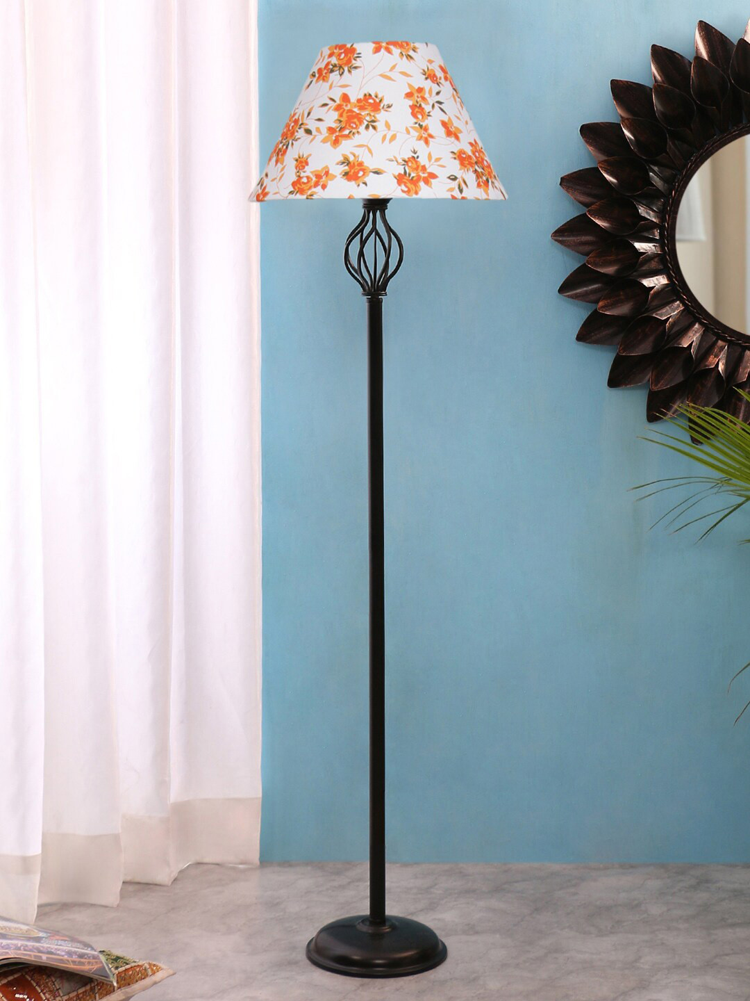 

Devansh White & Orange Printed Cotton Conical Basket Iron Floor Lamp