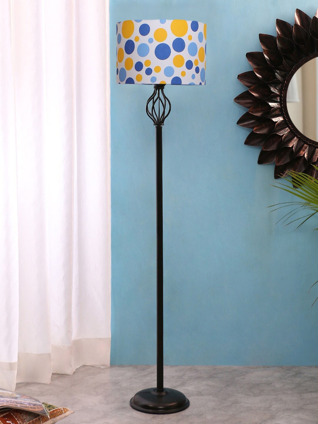 

Devansh White & Blue Printed Cotton Drum Iron Floor Lamp