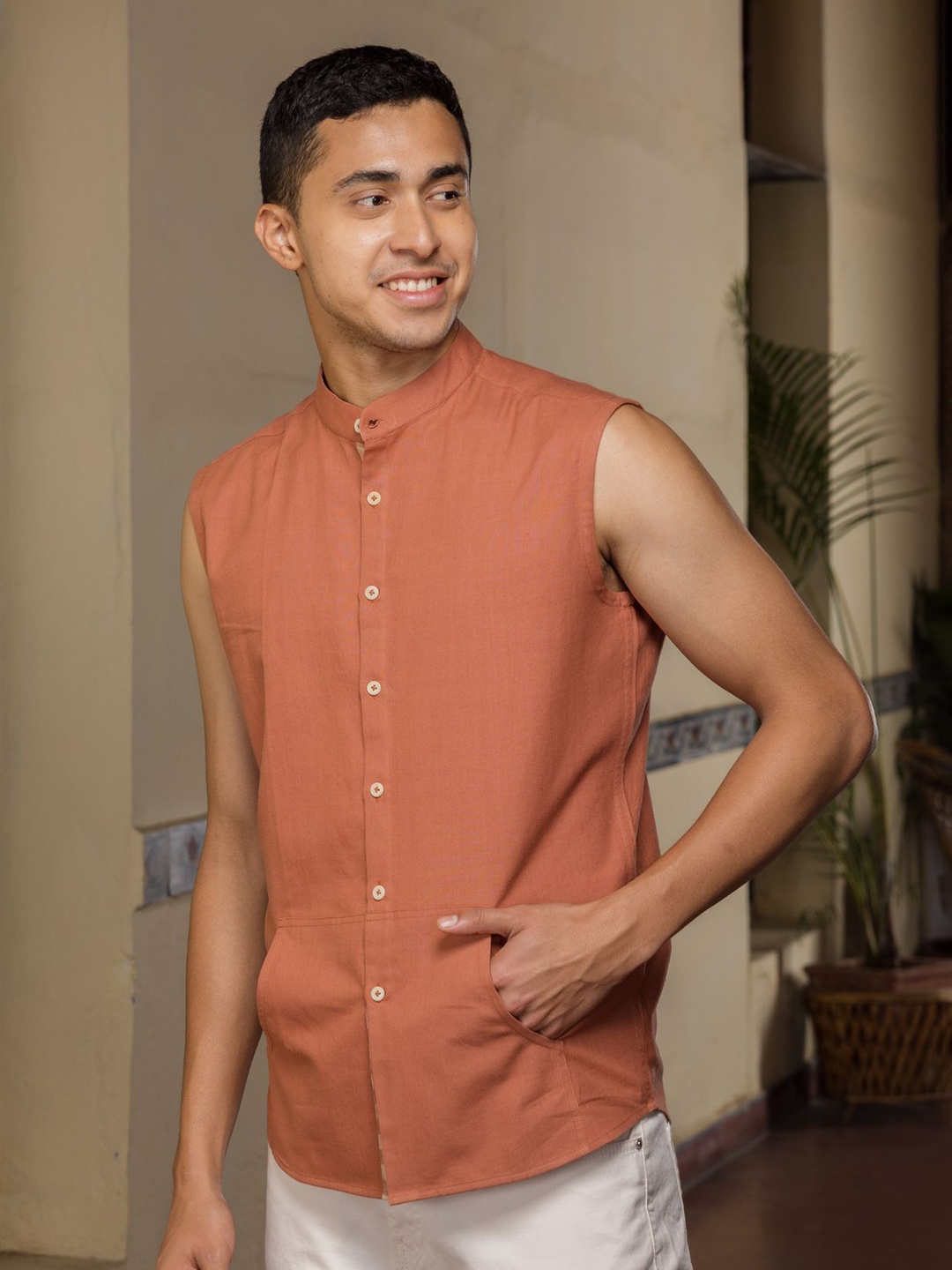 

Wellbi Comfort Band Collar Pure Cotton Casual Shirt, Brown