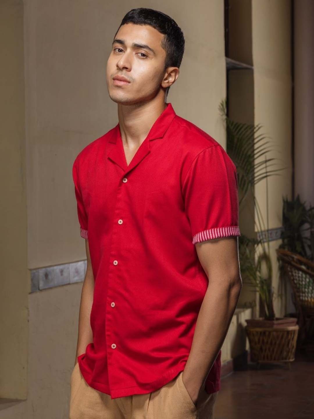 

Wellbi Comfort Cuban Collar Shirt, Red