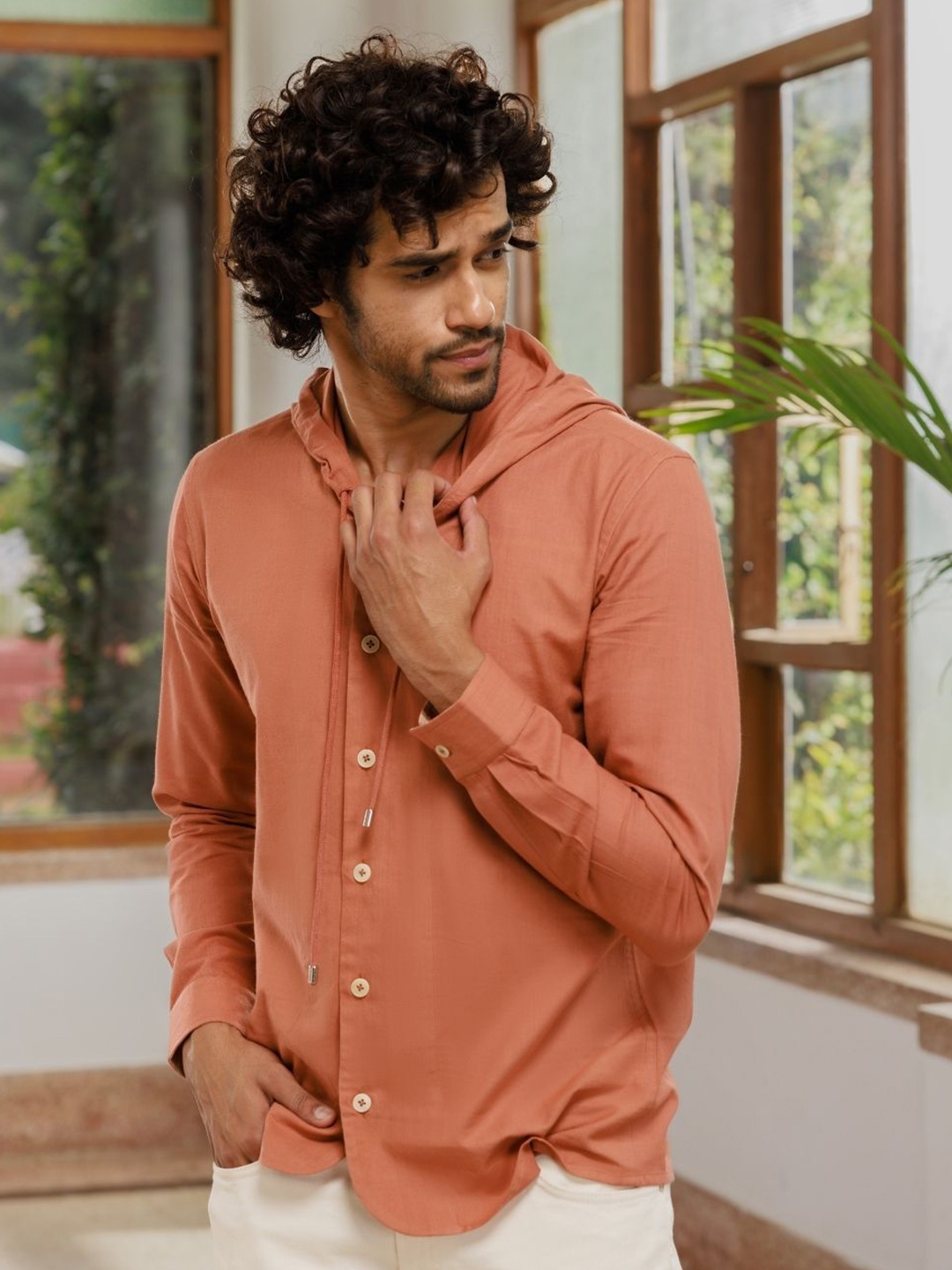 

Wellbi Comfort Fit Hooded Pure Premium Cotton Casual Shirt, Brown