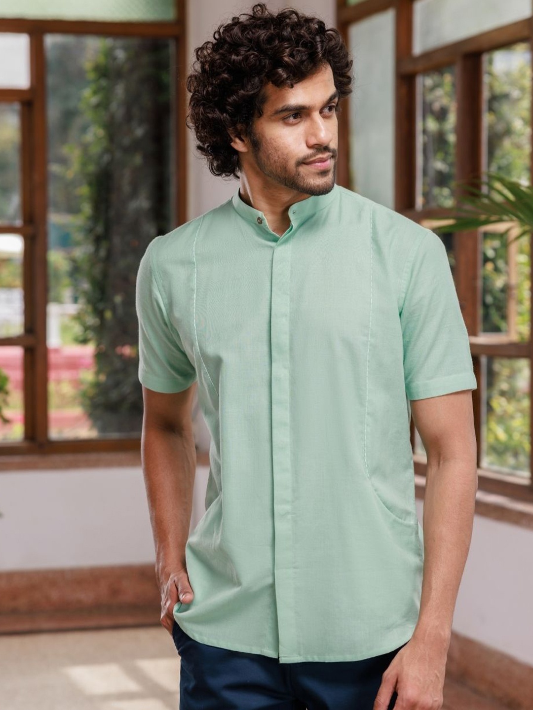 

Wellbi Comfort Fit Band Collar Pure Premium Cotton Casual Shirt, Sea green