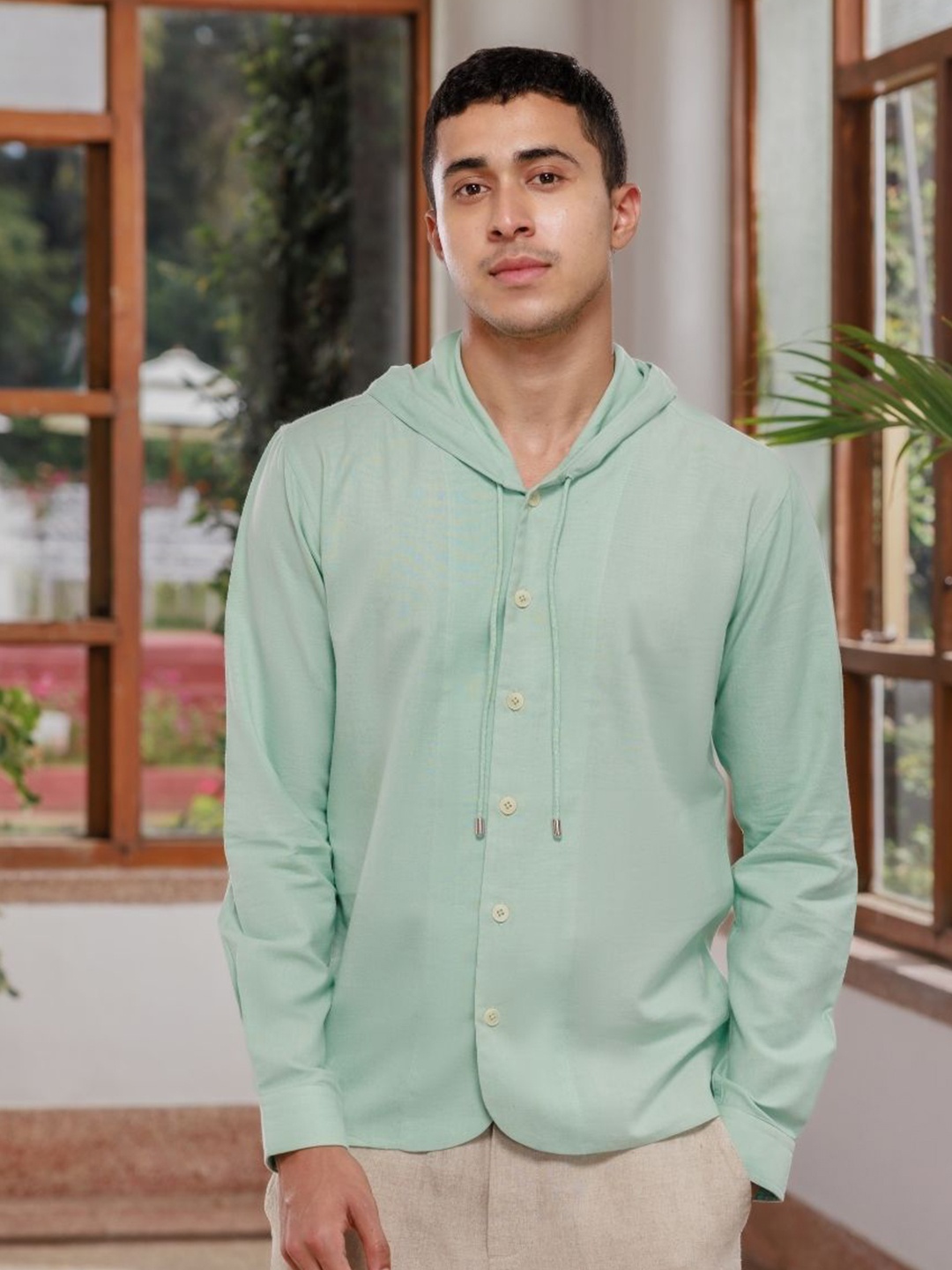 

Wellbi Comfort Hooded Cotton Casual Shirt, Sea green