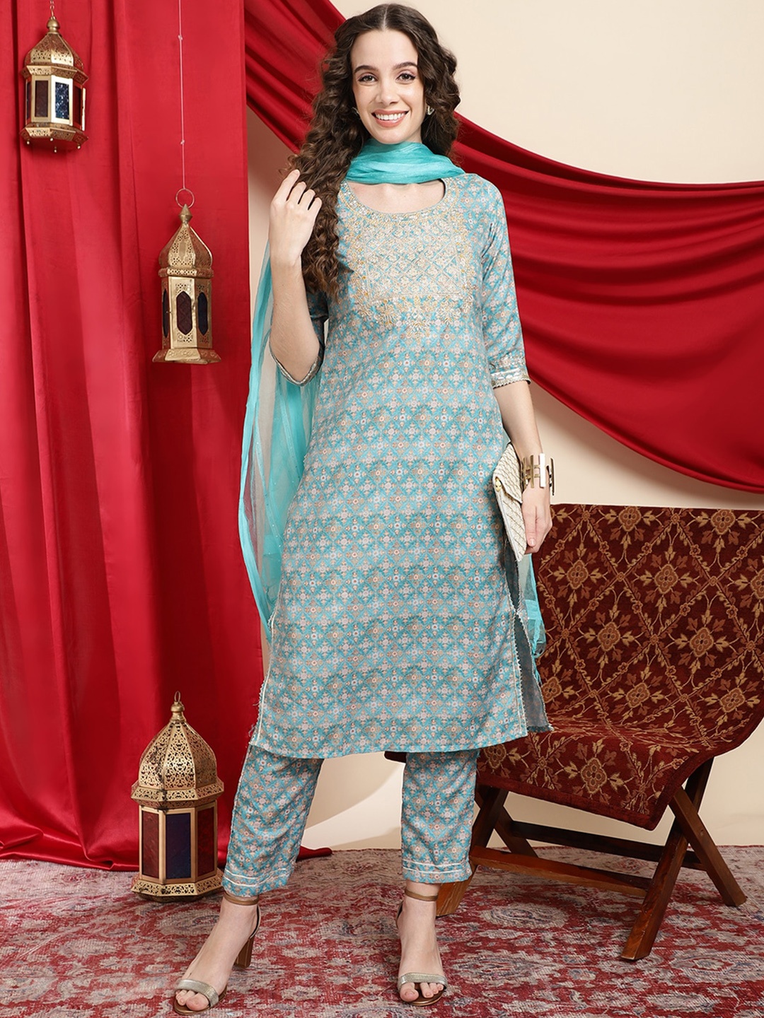 

Sangria Ethnic Motifs Printed Sequinned Kurta with Trousers & Dupatta, Turquoise blue