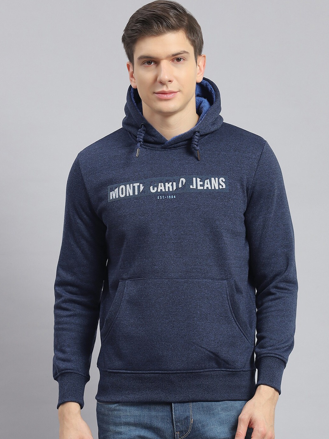 

Monte Carlo Typography Printed Hooded Cotton Pullover Sweatshirt, Navy blue