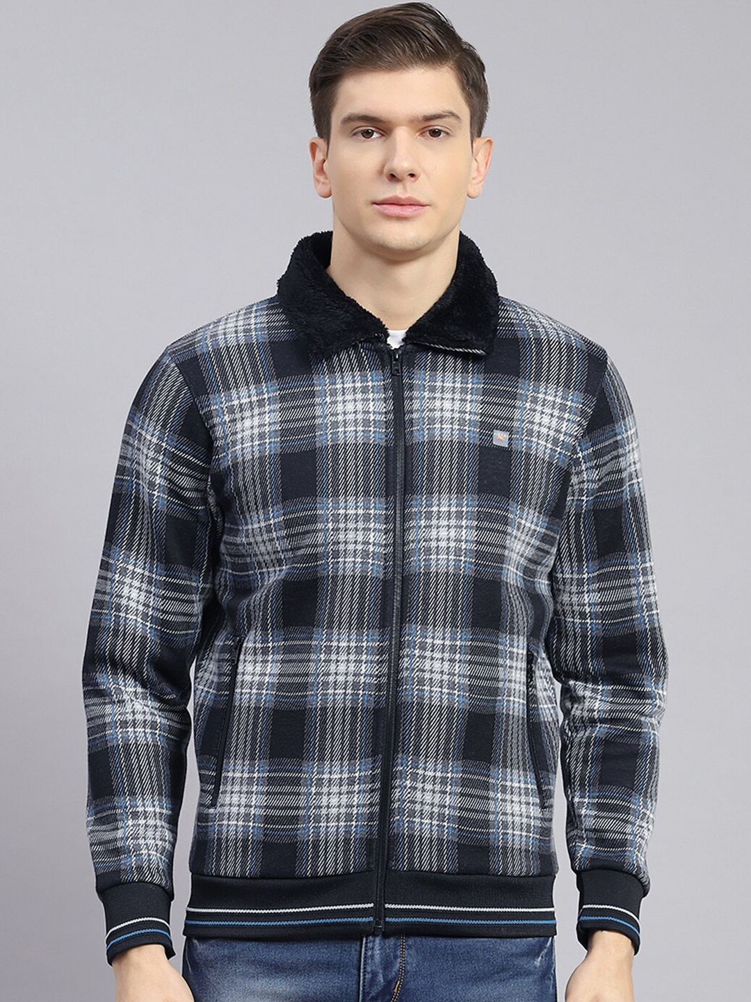 

Monte Carlo Checked Shirt Collar Cotton Front-Open Sweatshirt, Black