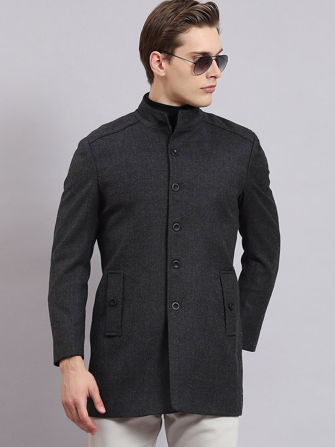 

Monte Carlo Stand Collar Long Sleeves Overcoat, Grey