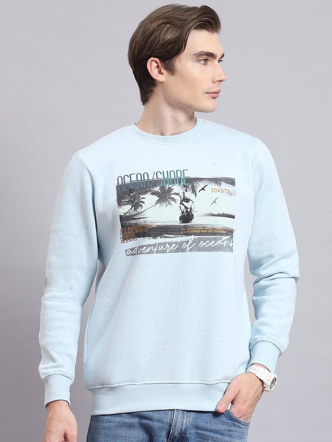 

Monte Carlo Graphic Printed Round Neck Cotton Pullover Sweatshirt, Blue