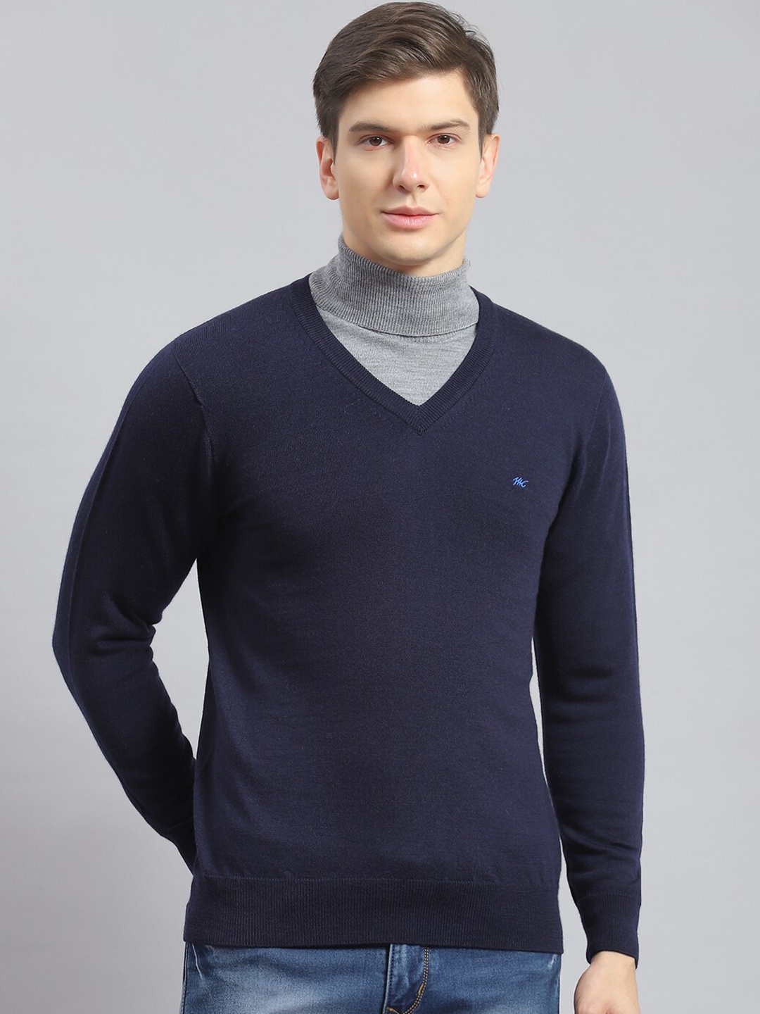 

Monte Carlo V-Neck Woollen Pullover Sweater, Navy blue