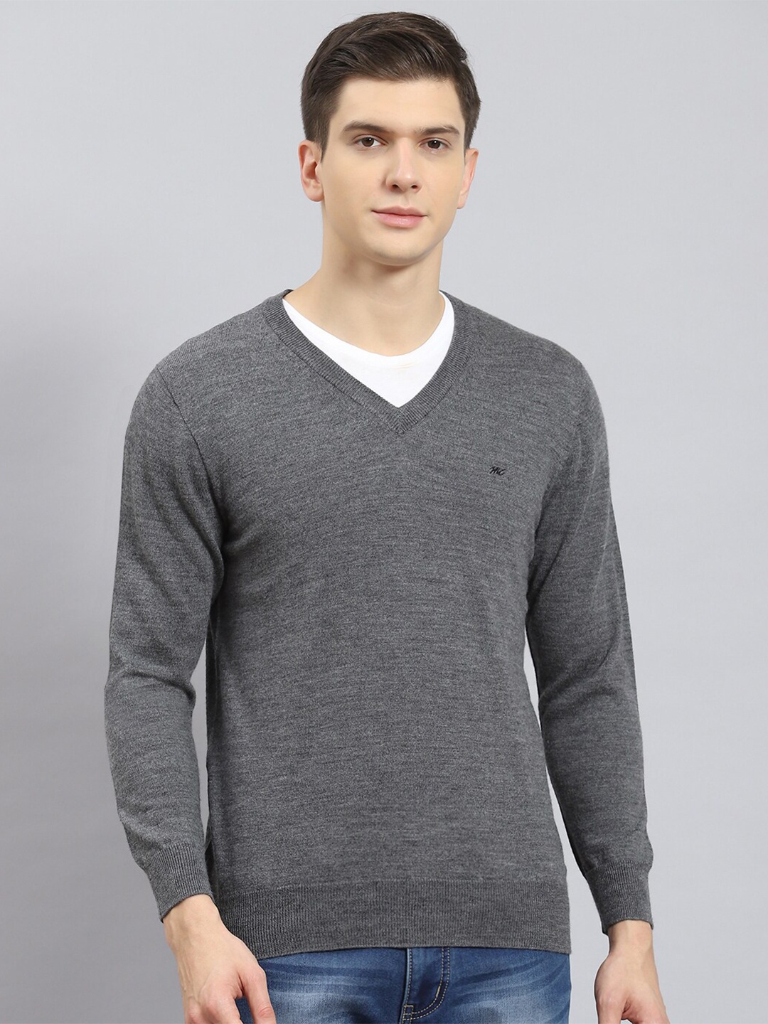 

Monte Carlo V-Neck Long Sleeves Woolen Pullover Sweater, Grey