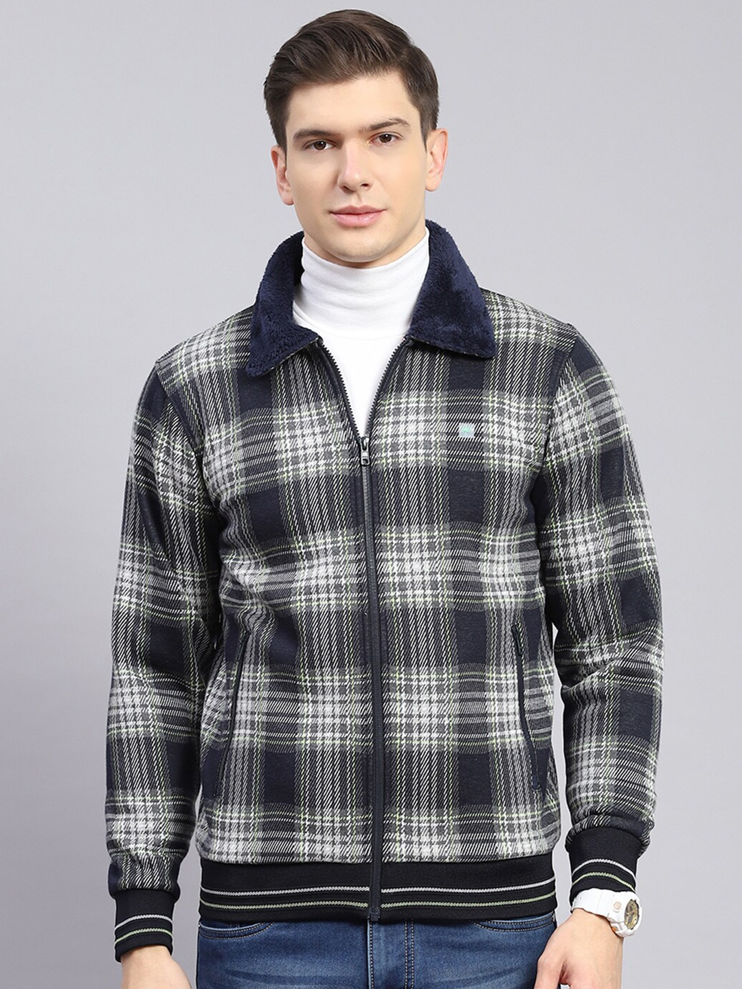 

Monte Carlo Checked Shirt Collar Cotton Front-Open Sweatshirt, Navy blue