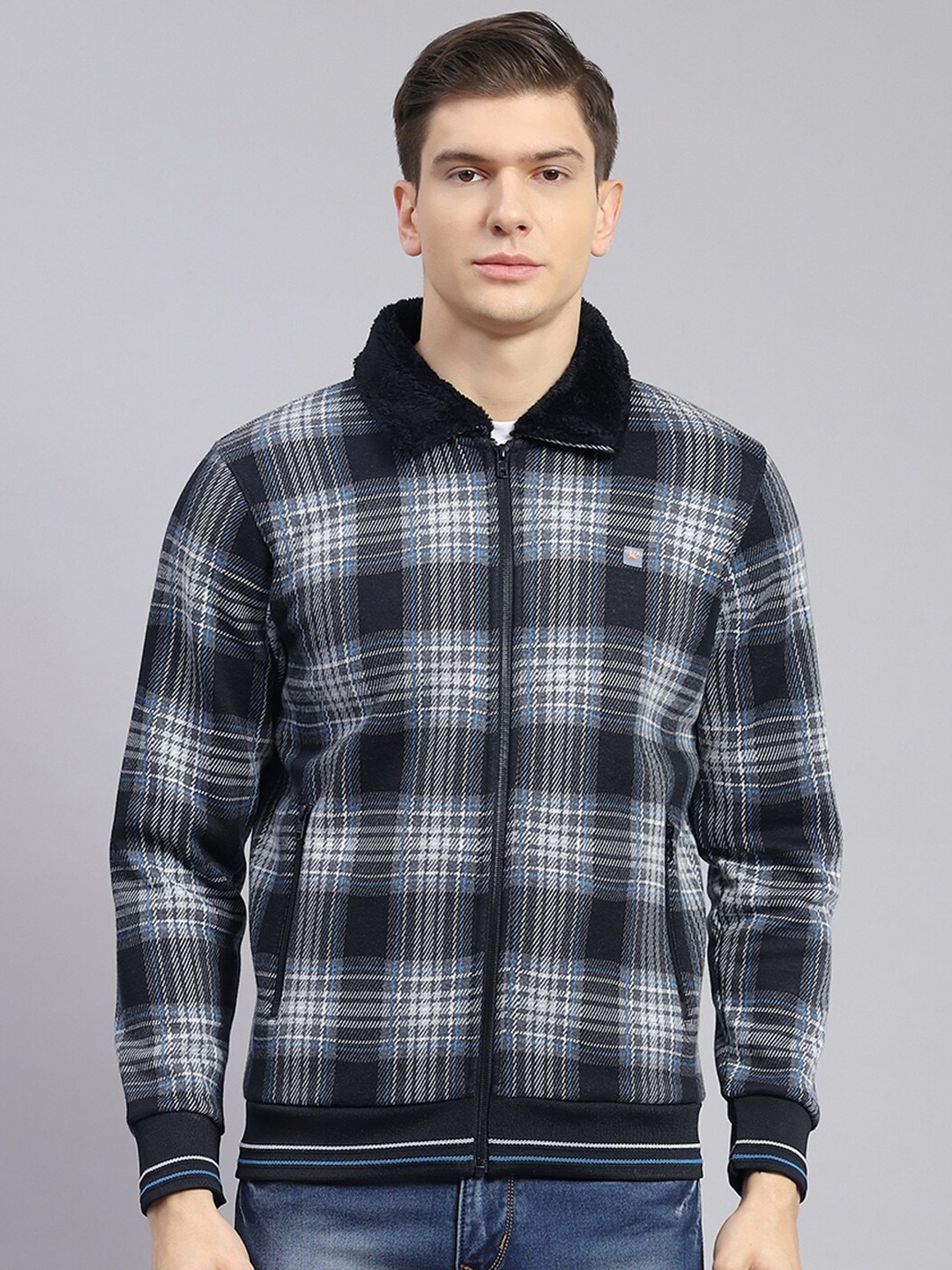 

Monte Carlo Checked Shirt Collar Front-Open Sweatshirt, Black