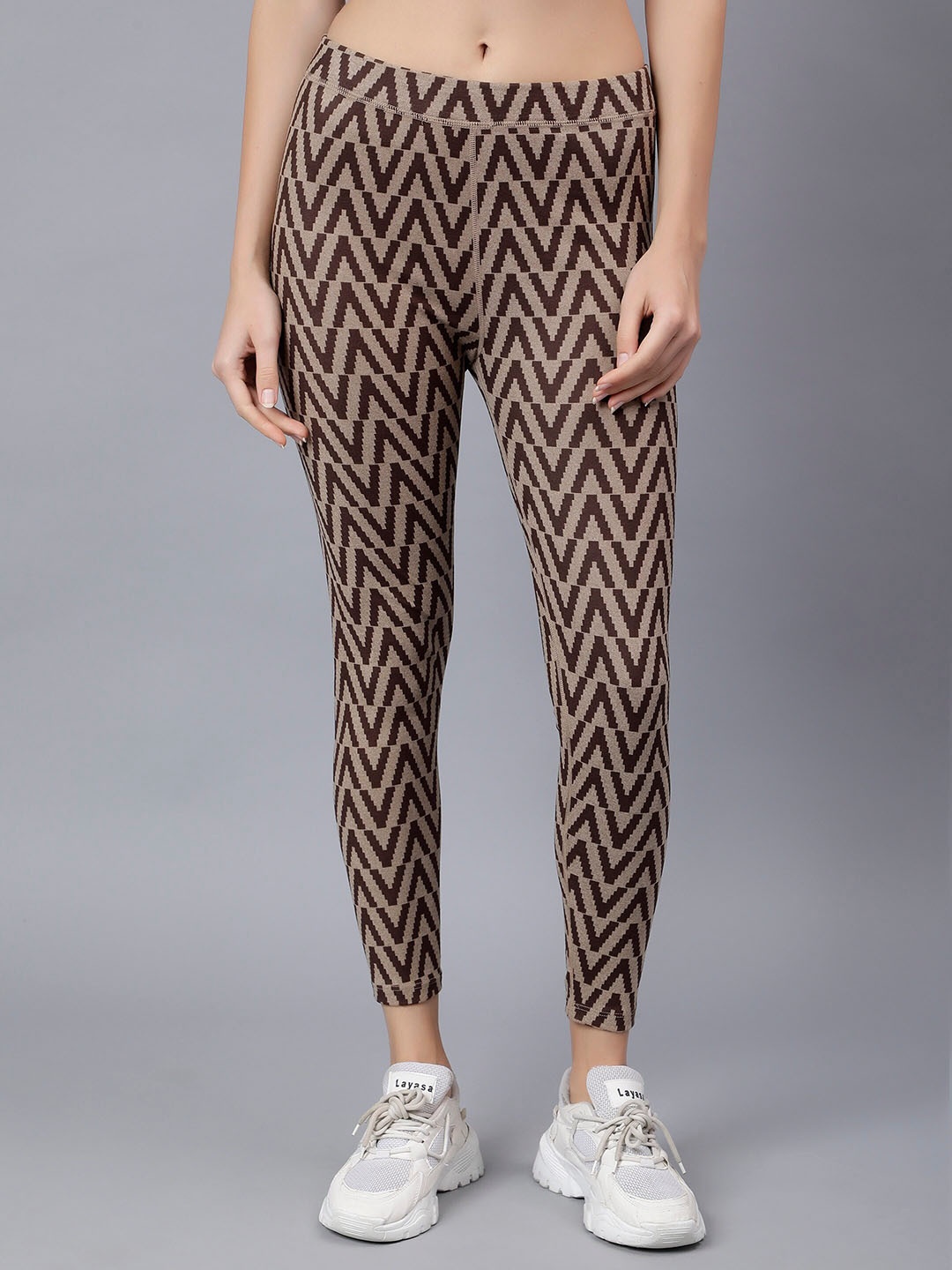 

Steele Women Mid-Rise Geometric Printed Travel Features Pure Cotton Sports Tights, Khaki