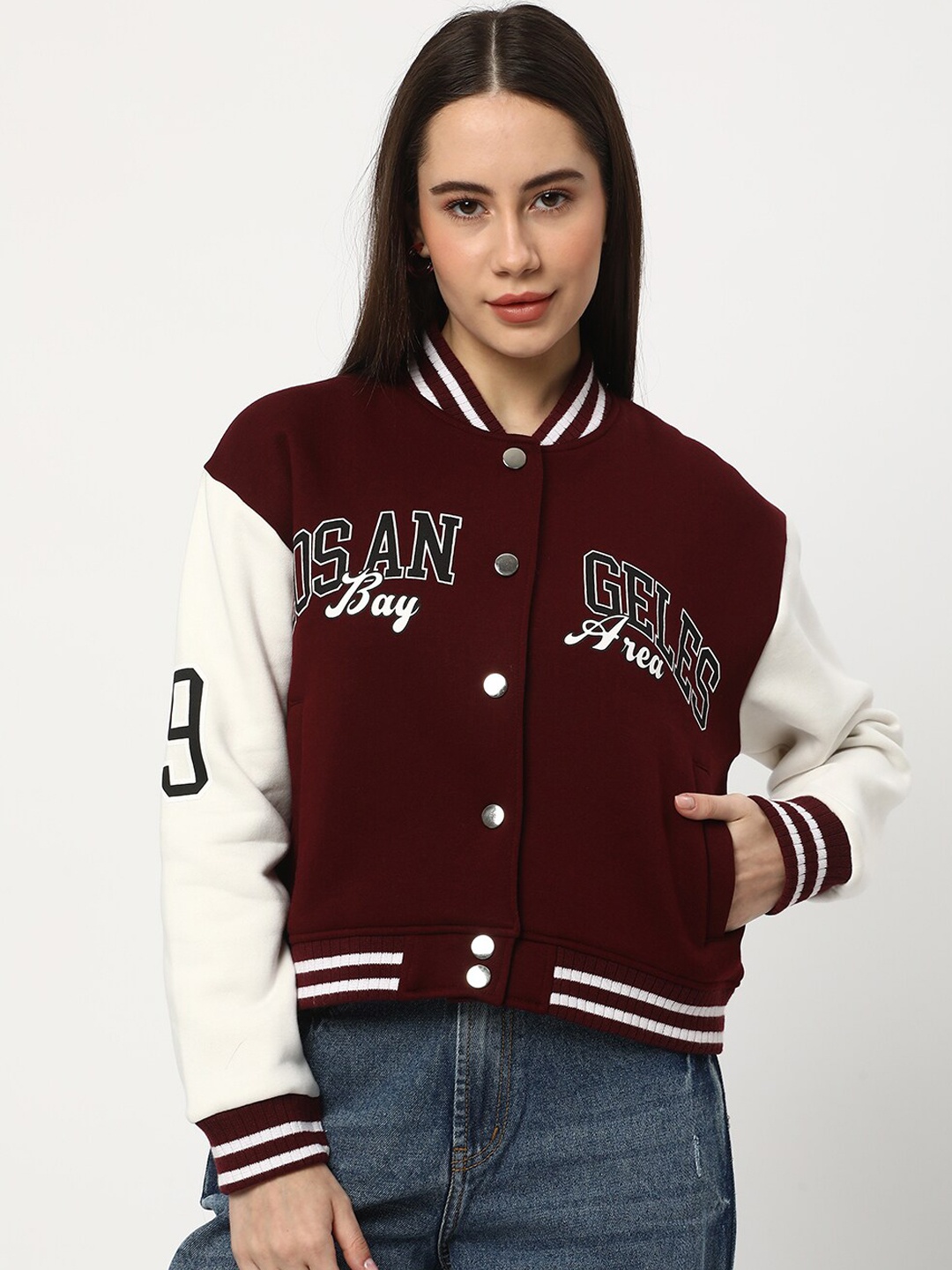 

R&B Colourblocked Mandarin Collar Cotton Varsity Jacket, Maroon