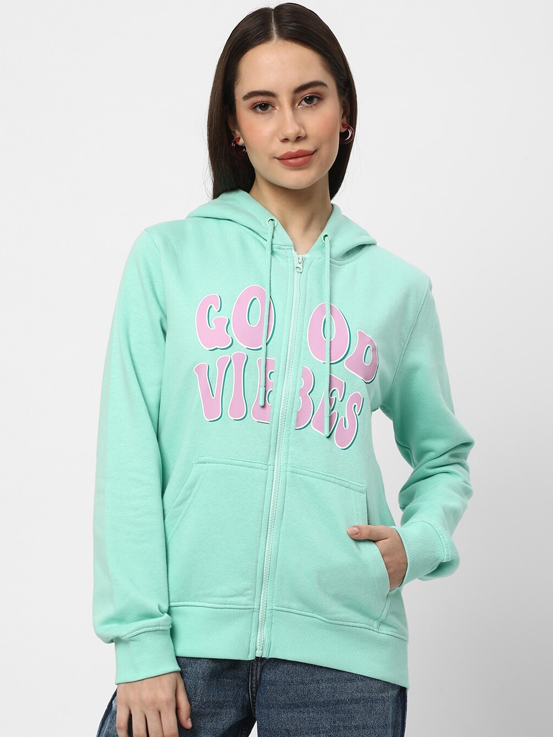 

R&B Typography Printed Hooded Cotton Front-Open Sweatshirt, Sea green