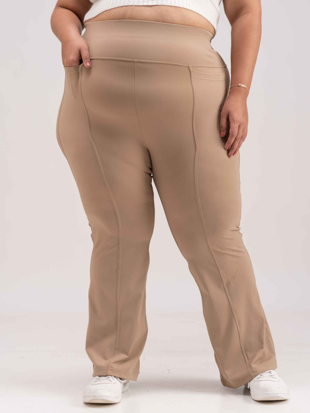 

SPIRIT ANIMAL Plus Size Women Flared Four-Way Super Stretch Track Pants, Beige