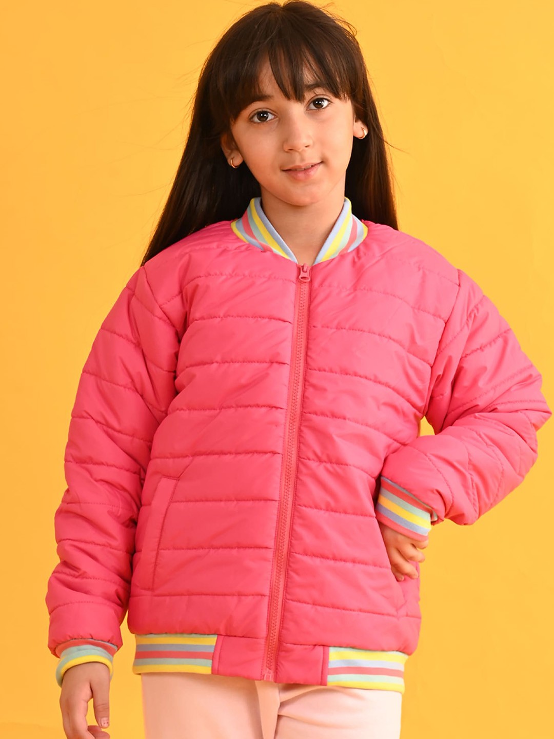 

Anthrilo Girls Mandarin Collar Long Sleeves Bomber Jacket, Pink