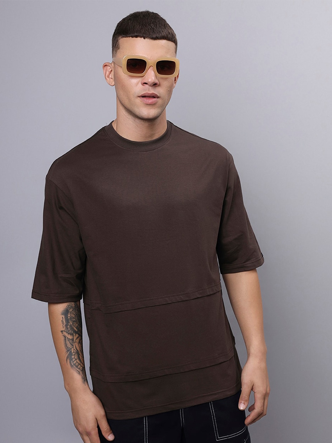 

Bewakoof Brown Round Neck Oversized Cotton T-shirt
