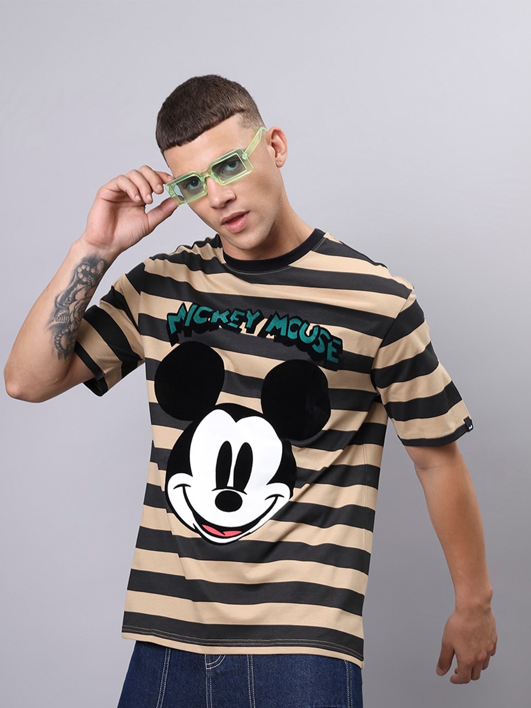 

Bewakoof Mickey Mouse Printed Round Neck Cotton Oversized T-shirt, Brown