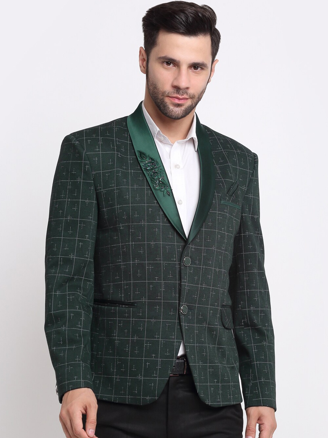 

KLOTTHE Checked Cotton Slim-Fit Single Breasted Formal Blazer, Green