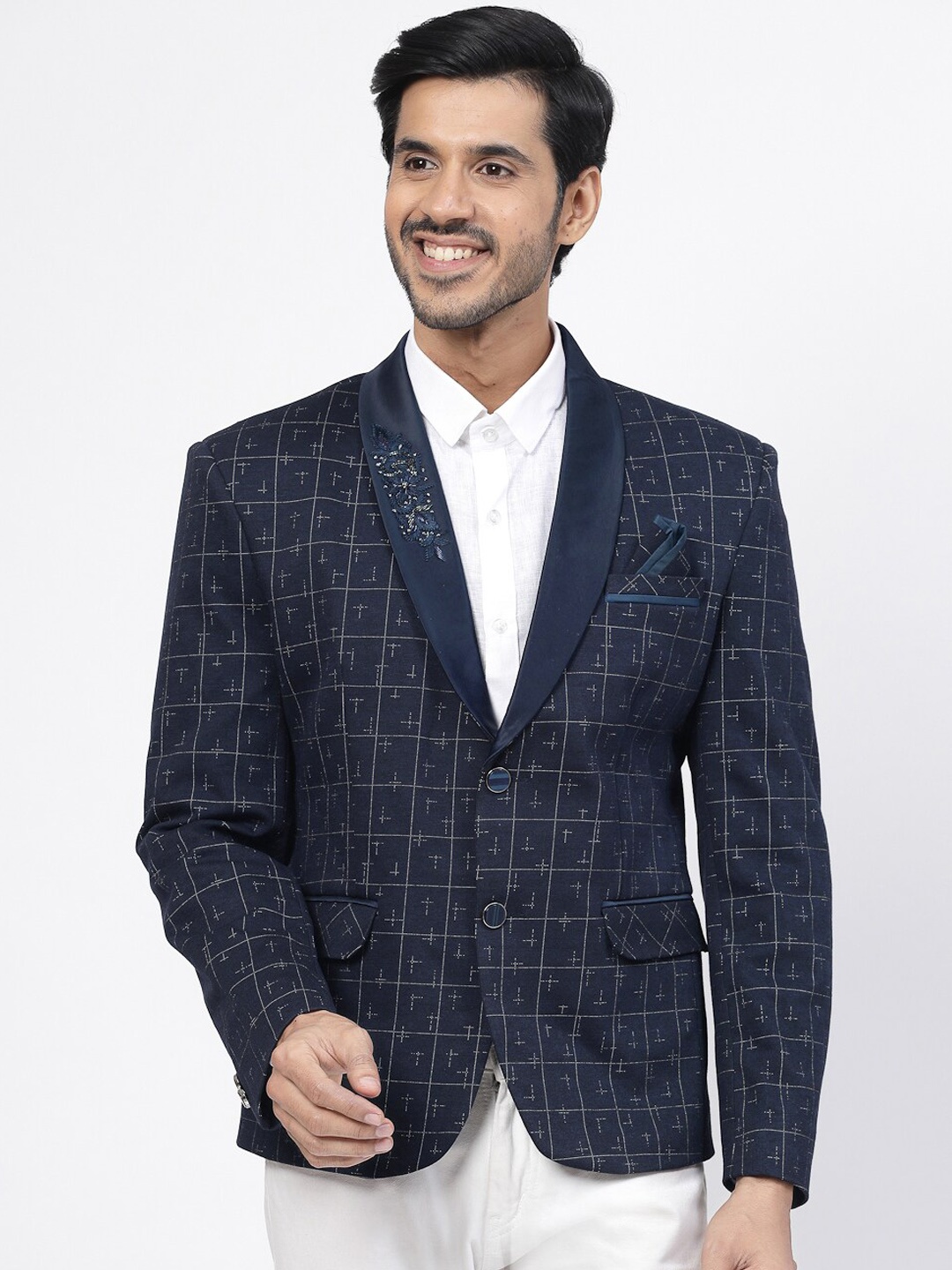 

KLOTTHE Checked Cotton Slim-Fit Single Breasted Formal Blazer, Blue