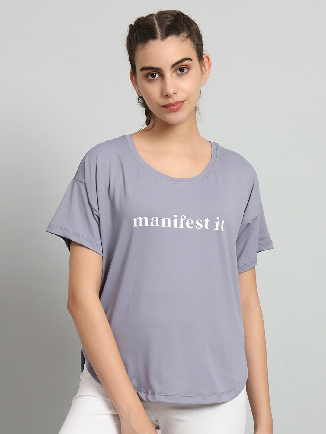 MKH Typography Printed Drop Shoulder Sleeves Dri-Fit Relaxed Fit T-shirt, Grey
