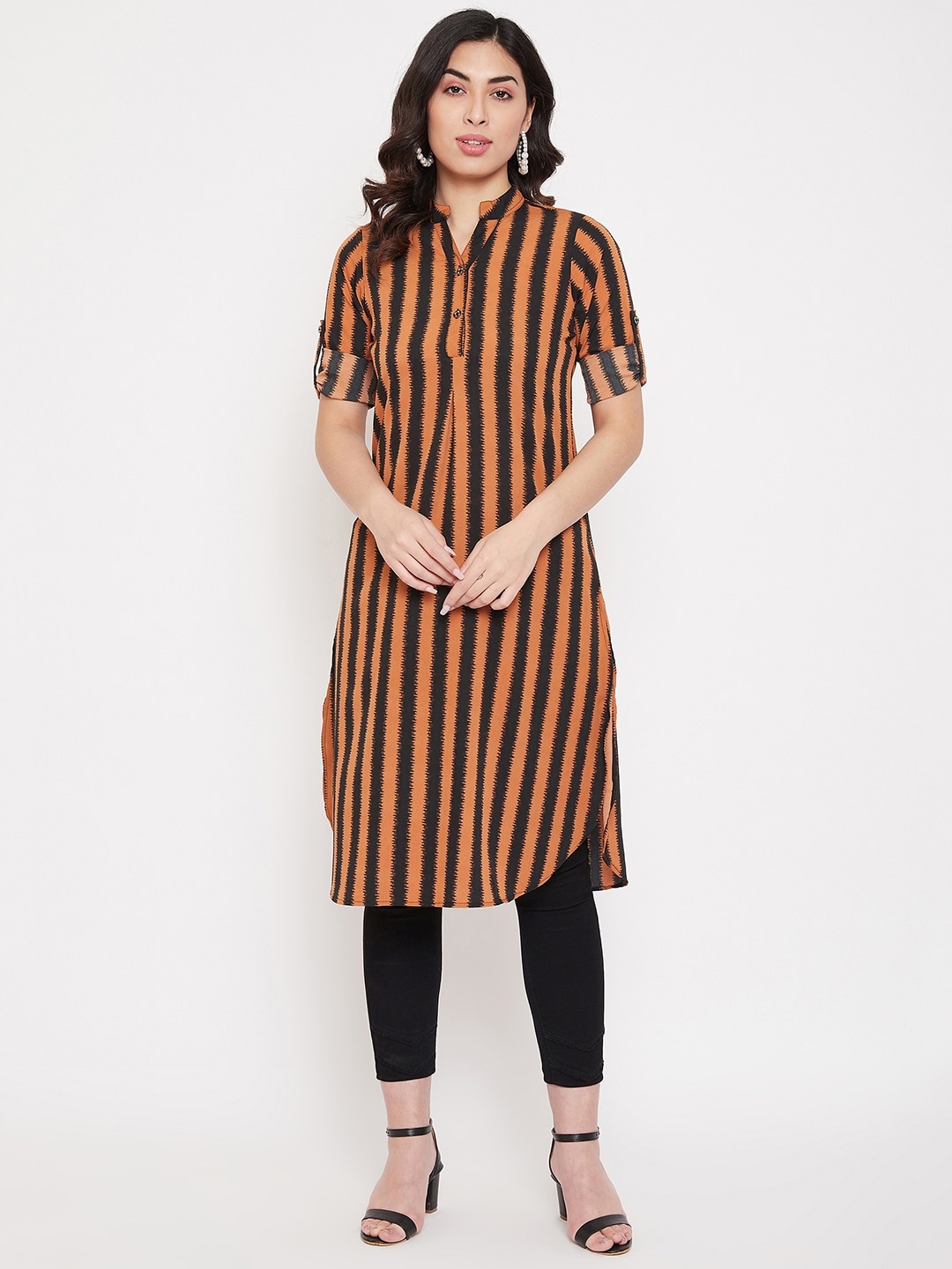 

BAESD Women Striped Straight Knee Length Kurta, Brown