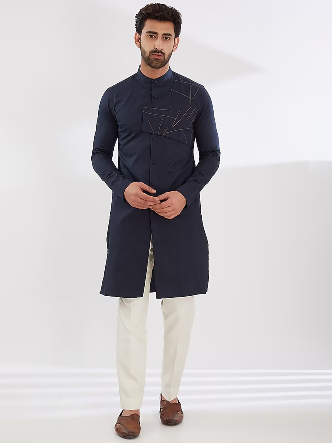 

HE SPOKE Band Collar Thread Work Pure Cotton Straight Kurta, Navy blue