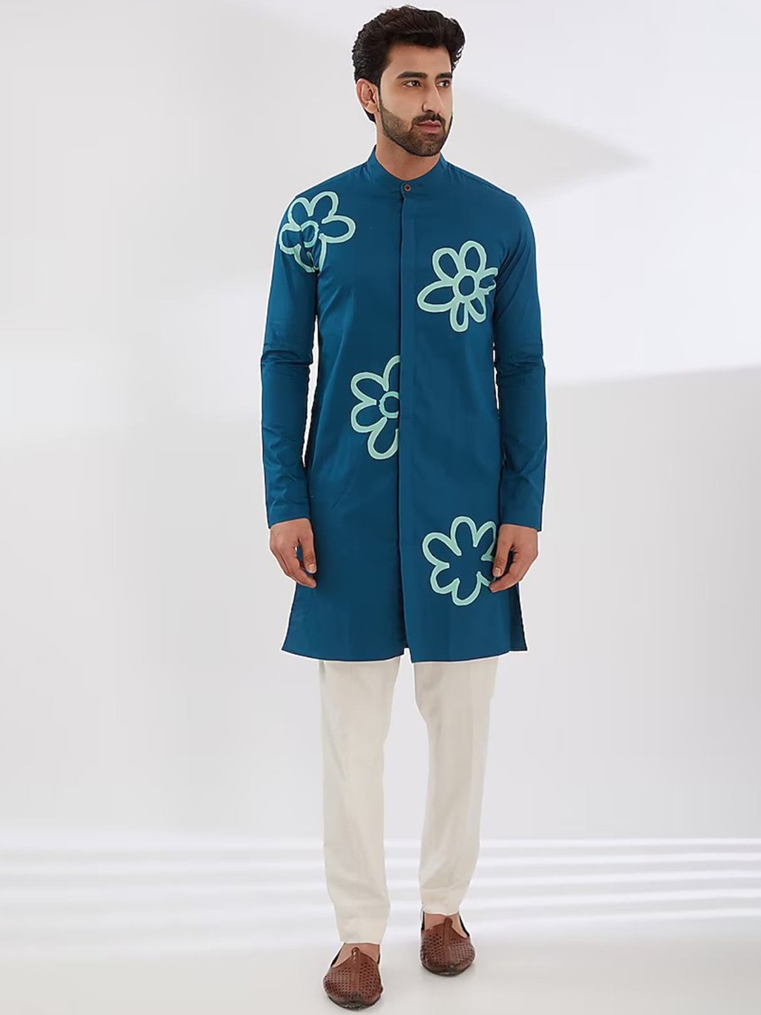 

HE SPOKE Floral Printed Pure Cotton Straight Kurta, Turquoise blue