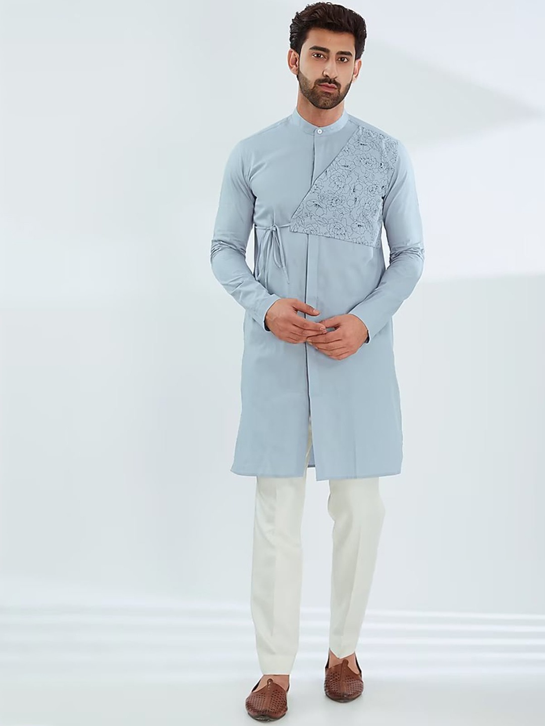 

HE SPOKE Floral Printed Band Collar Pure Cotton Straight Kurta, Blue