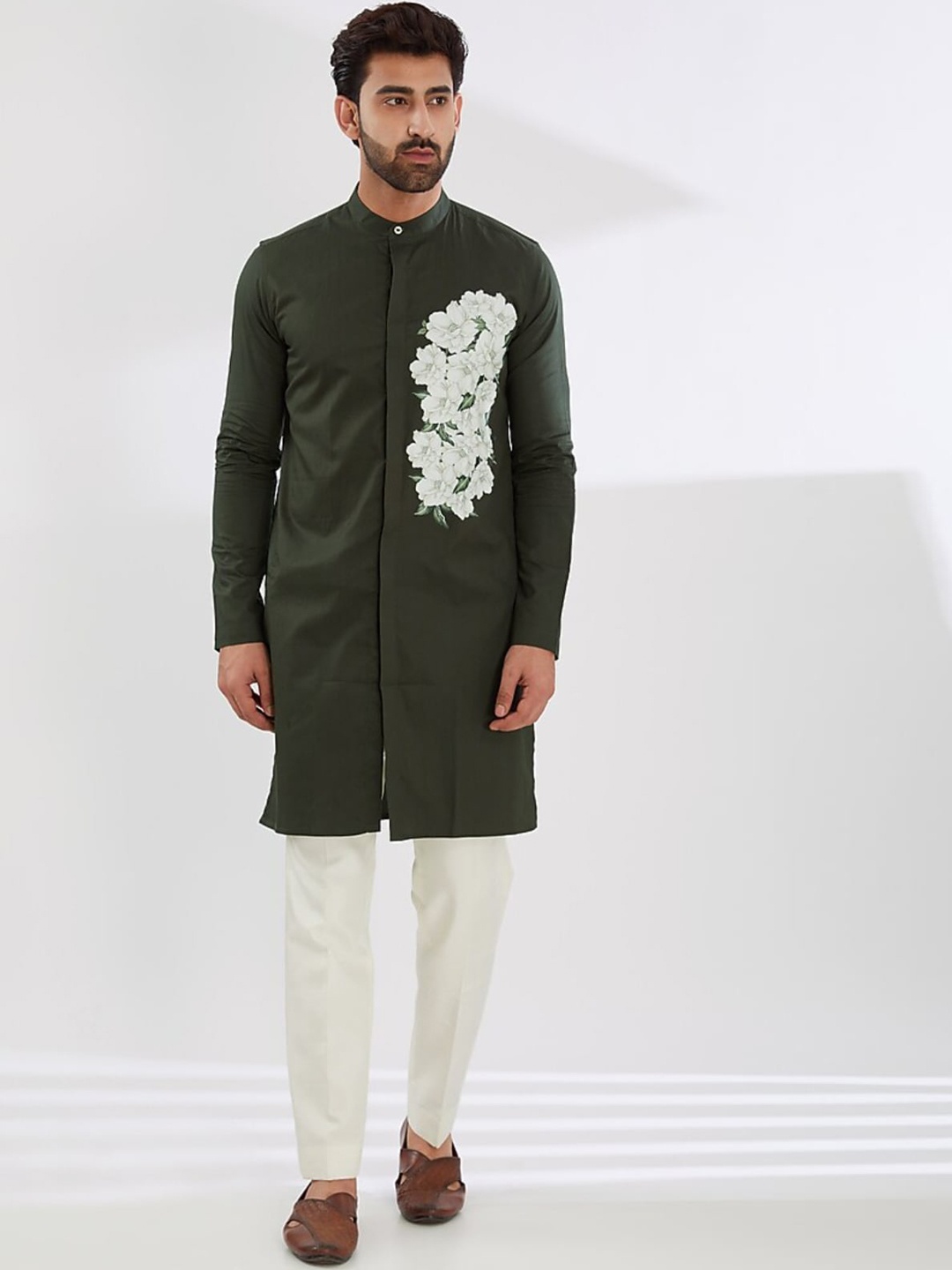 

HE SPOKE Floral Printed Band Collar Pure Cotton Kurta, Olive