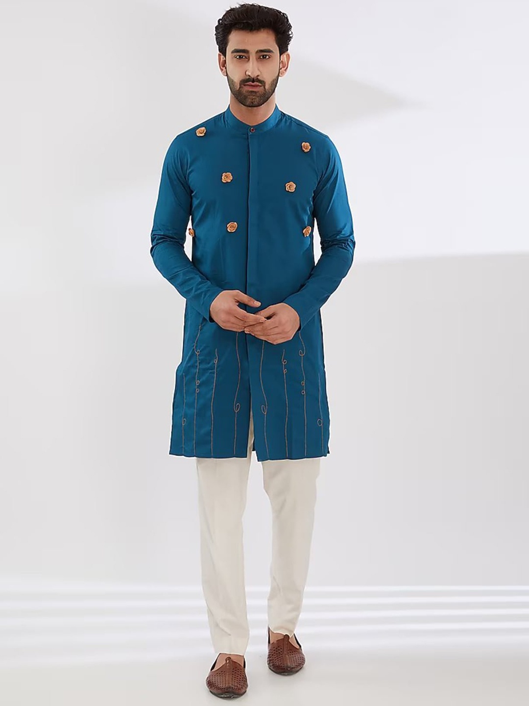 

HE SPOKE Floral Embroidered Band Collar Pure Cotton Kurta, Turquoise blue