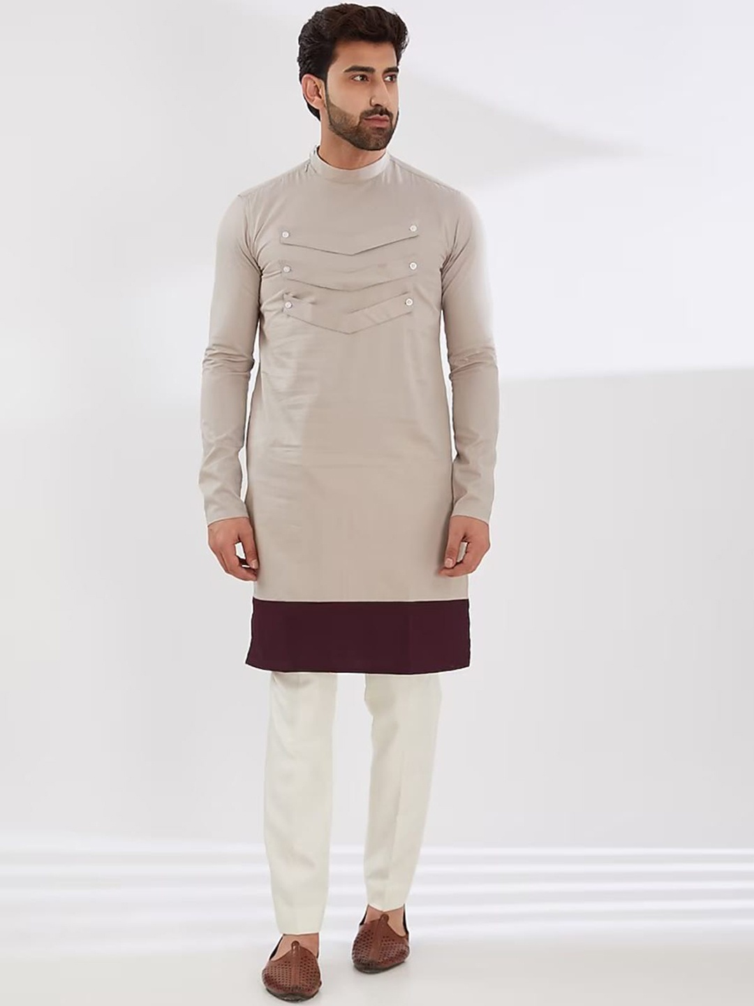 

HE SPOKE Band Collar Pure Cotton Straight Kurta, Grey